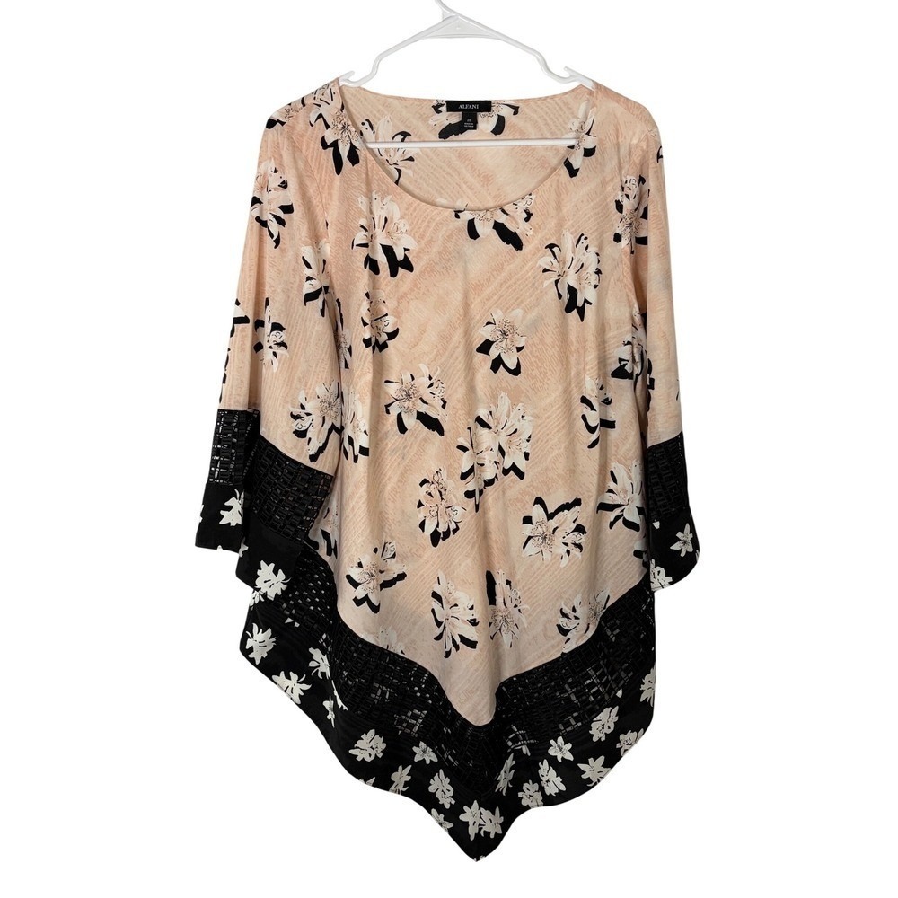 Alfani Floral Crochet Lace Handkerchief Hem Tunic Blouse Peach Black Womens 2X